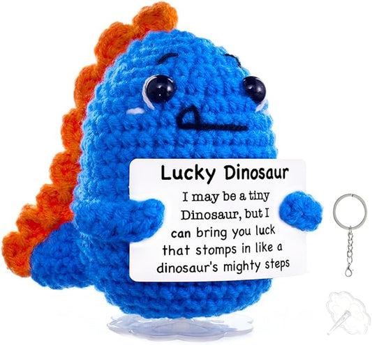 Funny Easter Basket Stuffers Positive Crochet Animals Dinosaur, Stress Relief Gifts for College Student Graduation Boyfriend Husband Women Birthday Desk Decor(Deep Blue Dinosaur)