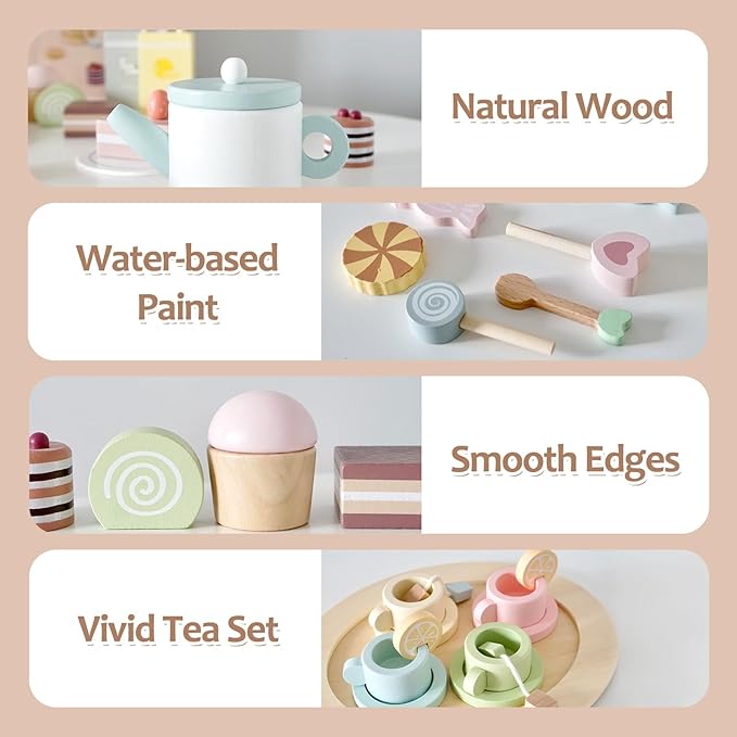 Wooden Tea Party Set for Little Girls, 34 PCS Wooden Tea Set for Toddlers 3-5, Pretend Play Kids Wood Tea Set Toy, Play Kitchen Accessories with Play Food, Improve Imagination