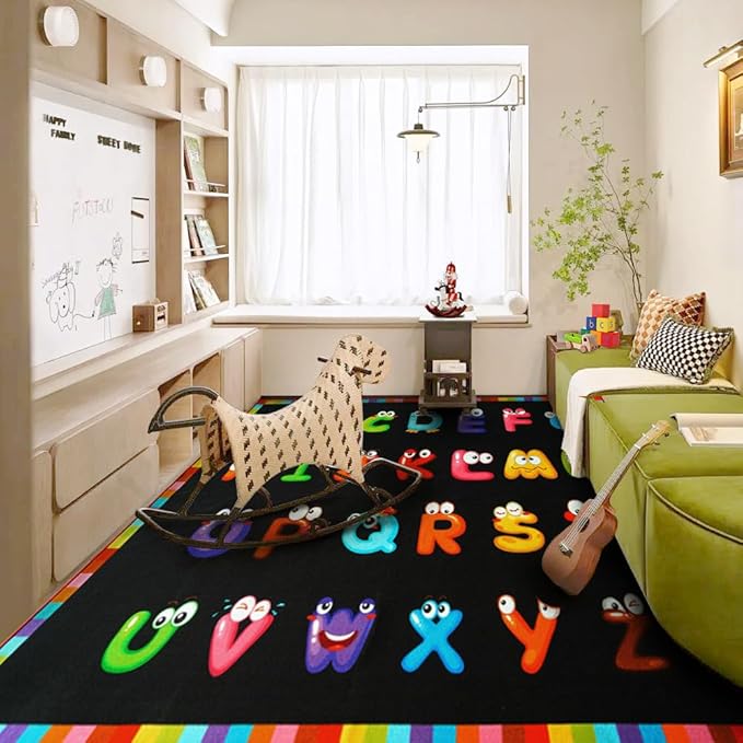 13'x7'7'' ABC Classroom Rug Black, Preschool Rugs for Classroom, Large Daycare Rugs for School, Carpets for Kids Classroom Rugs Elementary
