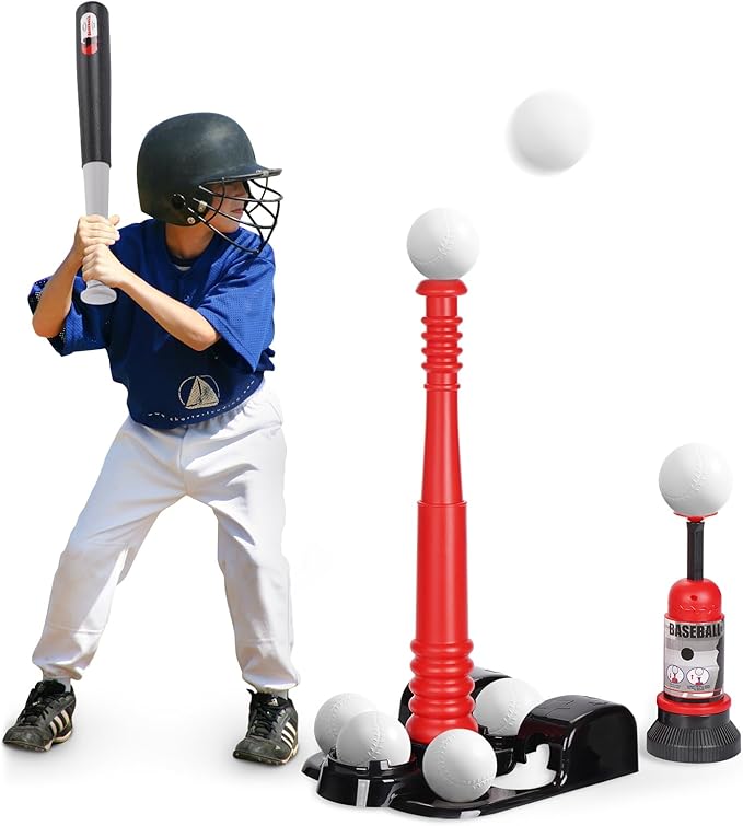 T Ball Set, Tee Ball Set for Kids 3-5 with 6 Large Baseballs & Automatic Pitching Machine & Adjustable Batting Bat, Outdoor Games Sports Toy Gift for Toddlers Boys Girls Ages 5-8 8-12