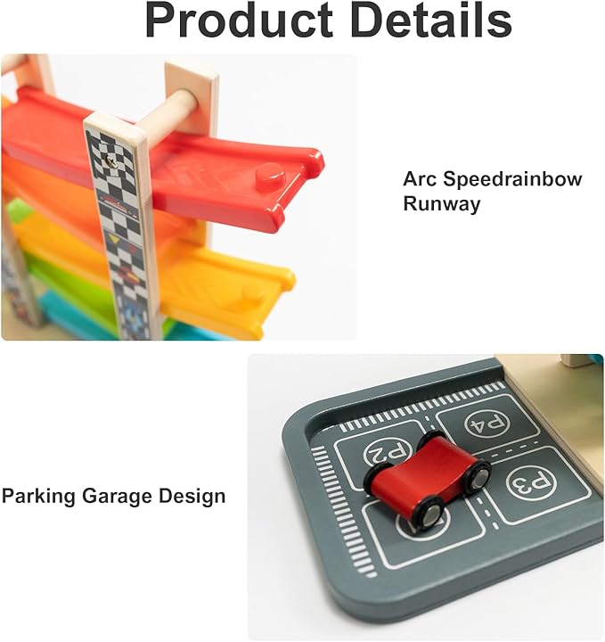 WOOD CITY Toddler Toys for 1 2 3 Years Old, Wooden Car Ramp Racer Toy Vehicle Set with 5/7 Mini Cars & Race Tracks, Montessori Toys Craft Gift for Toddlers Boys and Girls (ramp Racer-5 Layers)