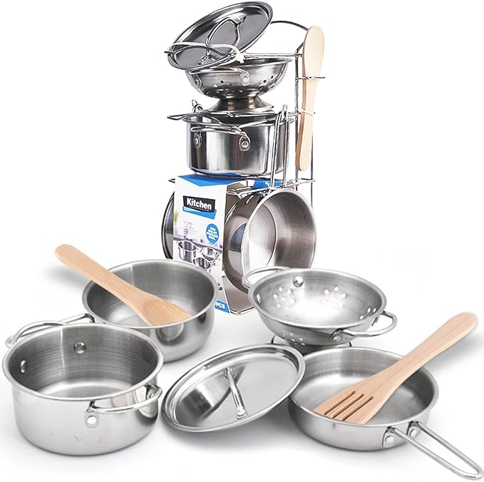 8 PCS Stainless Steel Play Pots and Pans Toys for Kids-Kitchen Playset Pretend Game Toys Cookware Cooking Utensils,Children Kitchen Accessories Set,Great Learning Gifts for Toddler & Boys Girls