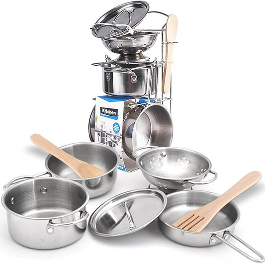 8 PCS Stainless Steel Play Pots and Pans Toys for Kids-Kitchen Playset Pretend Game Toys Cookware Cooking Utensils,Children Kitchen Accessories Set,Great Learning Gifts for Toddler & Boys Girls