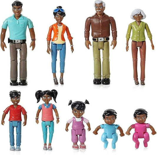 Beverly Hills Doll Collection Sweet Li'l Family African American Dollhouse People Set of 9 Action Figure Set - Grandpa, Grandma, Mom, Dad, Sister, Brother, Toddler, Twin Boy & Girl