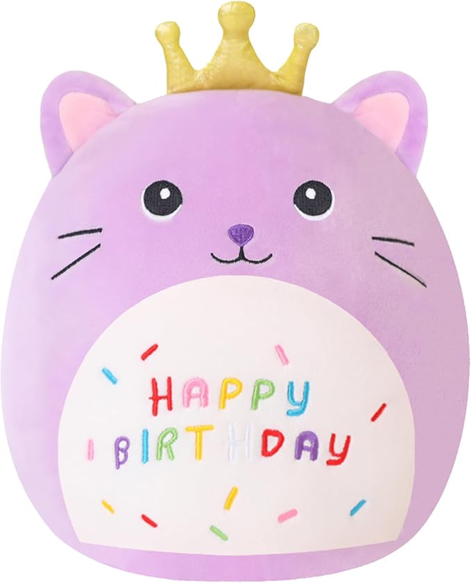 SQEQE Cat Stuffed Animal Kawaii Cat Plushie with Golden Crown Soft Kitty Stuffed Toy Birthday Party Decoration Gift for Kids Girls Boys(Purple Caticorn,10 Inch)
