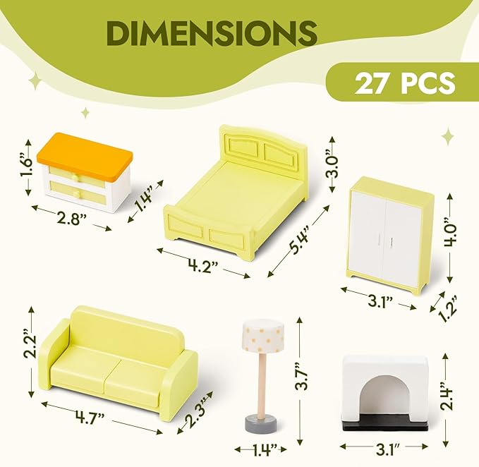 Giant bean 27pcs Green Wooden Plastic Dollhouse Furniture, Modern Living Room Bedroom Set, Dollhouse Accessories Pretend Play Furniture Toys for Boys Girls Kids & Toddlers 3+