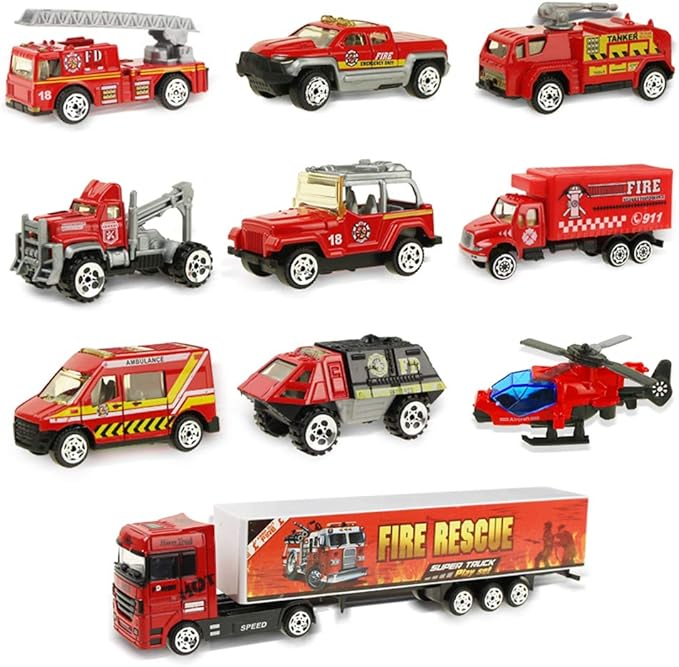 Coolplay Fire Truck Toy Set for Kids, Toy Vehicles Carrier Truck with Die-cast Cars, Rescue Firetruck for Boys 3-6 Years Old