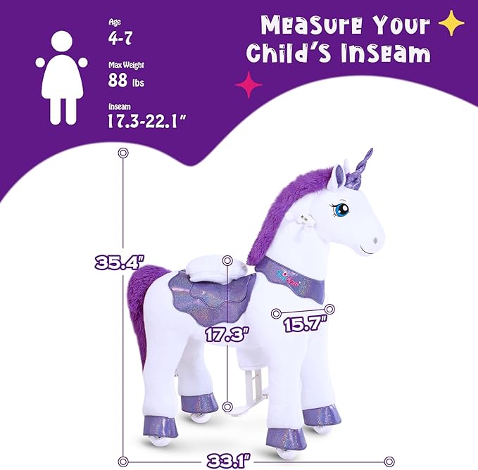 PonyCycle Ride on Unicorn for Kids 4-7 with Brake, Unicorn Gifts for Girls (35.4" Height/Size 4) Plush Interactive Riding Rocking Riding Horse Ride on Toy Spirit Toys Stuffed Animal Purple E413