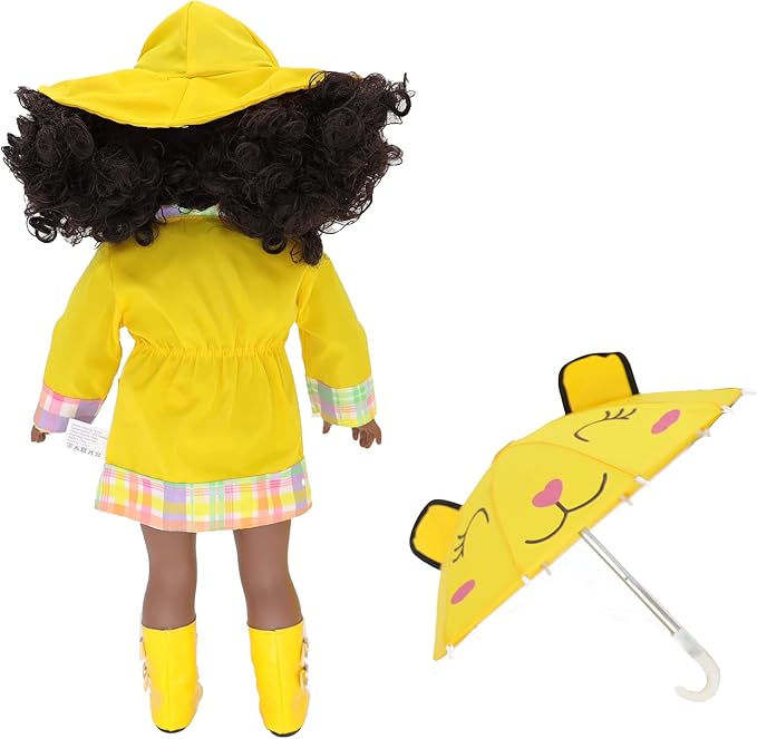 Playtime by Eimmie 18 Inch Doll Clothes and Accessories - Yellow Raincoat Set with Hat, Boots & Cat Face Umbrella - Clothing Sets & Stuff - Fits American, Generation & Other 18" Dolls for Girls