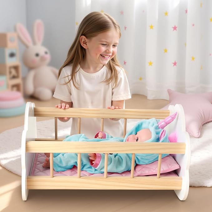 BABESIDE Wooden Baby Dolls Bed for 12-16 Inches Doll, Rocking Babys Doll Crib, Sleep Bed, Baby Dolls Accessories Furniture fit Newborn Dolls Boys&Girls