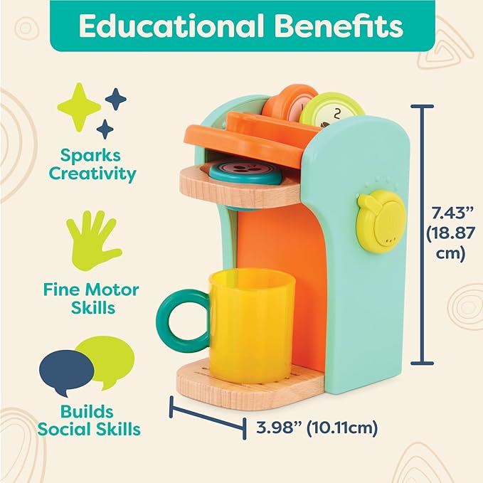 B. toys- Café au Play- Pretend Play Wooden Coffee Maker for Kids- Wooden Coffee Machine Set – 10 Pretend Play Accessories – Kitchen Play Set – 2 Years +