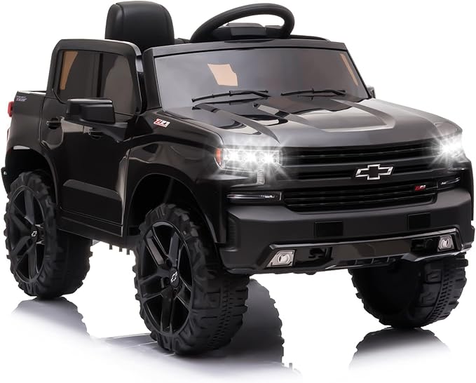 12V Licensed Chevrolet Silverado GMC Ride on Car,Battery Powered Electric Vehicle Jeep,Ride On Truck w/Remote Control, MP3/Bluetooth, Spring Suspension, LED Light (Black)