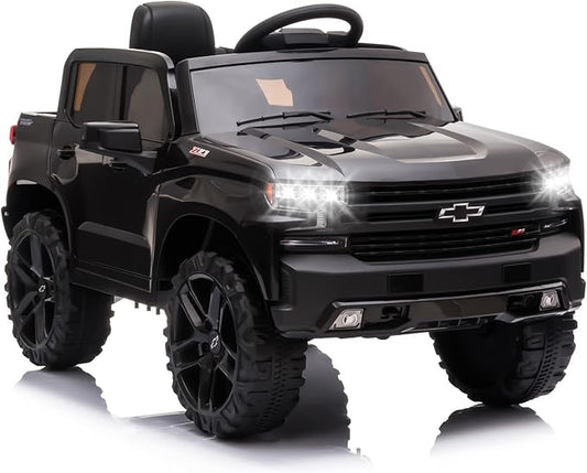 12V Licensed Chevrolet Silverado GMC Ride on Car,Battery Powered Electric Vehicle Jeep,Ride On Truck w/Remote Control, MP3/Bluetooth, Spring Suspension, LED Light (Black)