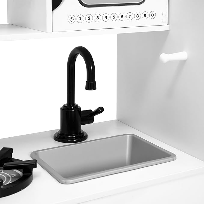 Delta Children Deluxe Modern Kitchen - Toy Kitchen Playset with Realistic Knobs That Turn/Click, Oven, Sink and Fridge/Freezer with Ice Maker, White