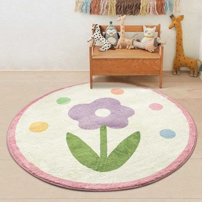 Poowe Round Kids Playroom Rug - Soft Alphabet Nursery Rug for Bedroom - Playtime Collection, Learning & Game Carpet for Classroom, Best Shower Gift for Infant Toddlers (Round 39.4", Purple Flower)