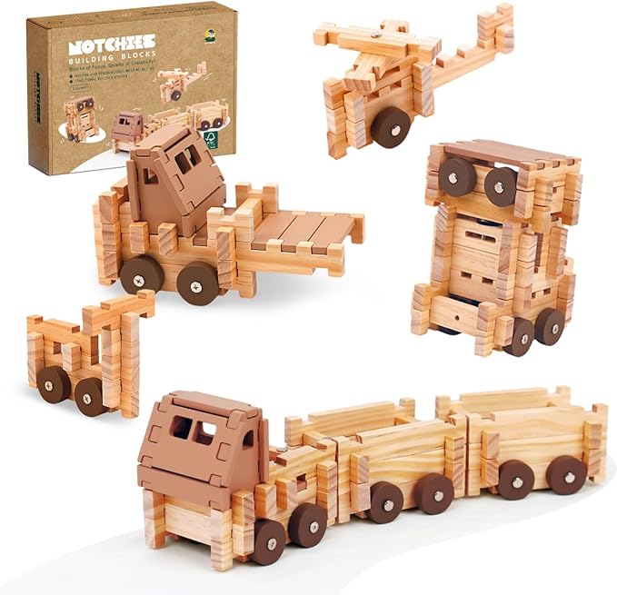 Jovi-mindly＆Notchies Wooden Blocks Train Set 101 PCS Create 40+ Shapes,Toys Educational Wooden Building Blocks Puzzles for Kids Ages 5-8 Boys and Girls,Truck/Excavator,FSC Certified,Graduate Gifts