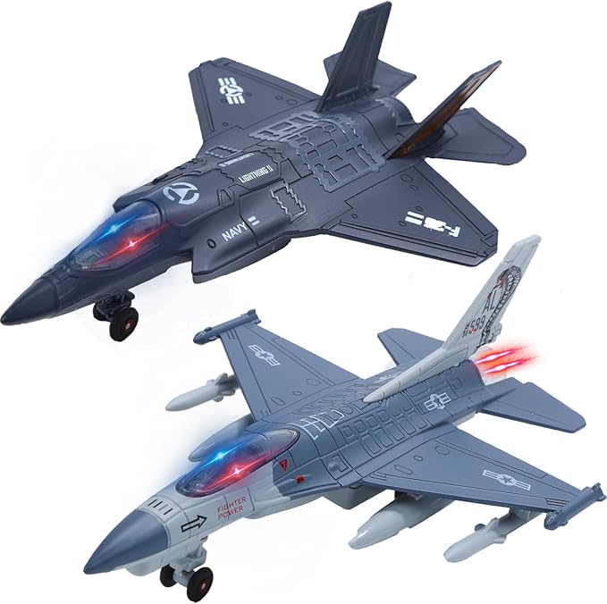 Double Metal Fighter Army Toy Airplane Model with Sound & Light, Pull Back Alloy Plane Military Toy Diecast Jet Toy, Birthday Gift for Toddler Boys and Girls