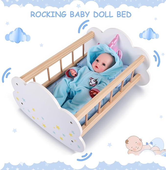 BABESIDE Wooden Baby Dolls Bed for 12-16 Inches Doll, Rocking Babys Doll Crib, Sleep Bed, Baby Dolls Accessories Furniture fit Newborn Dolls Boys & Girls