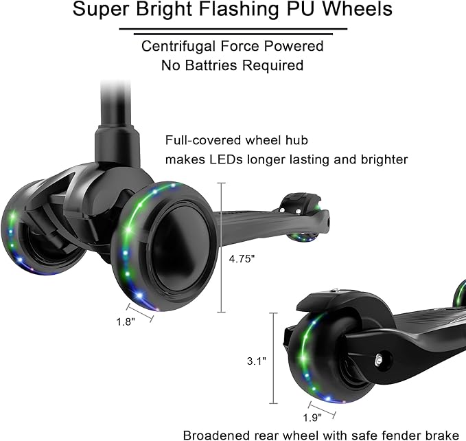 Allek Kick Scooter B03, Lean 'N Glide 3-Wheeled Push Scooter with Extra Wide PU Light-Up Wheels, Any Height Adjustable Handlebar and Strong Thick Deck for Children from 3-12yrs (Black)