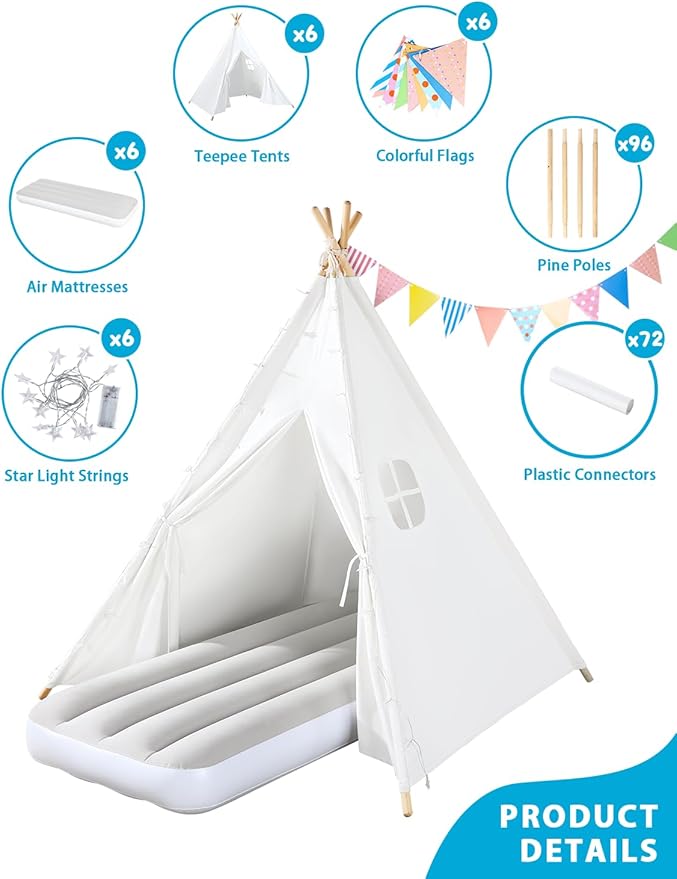 wilwolfer 6 Pack Kids Teepee Tent Bulk with Light and Inflatable Airbed, Natural Cotton Toddler Play Tent for Girls Boys Indoor Outdoor Sleepover Slumber Party Birthday Gifts