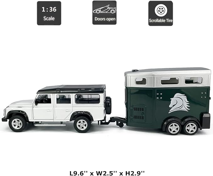Land Rover Defender Trailer Towing Horse Transporter Farm Trailers, Doors Open, 1/36 Scale Model Car Diecast Metal Toy Cars,3 4 5 6 7 Year Old Kids Boys Gifts, Cake Topper Home Office Décor Collection