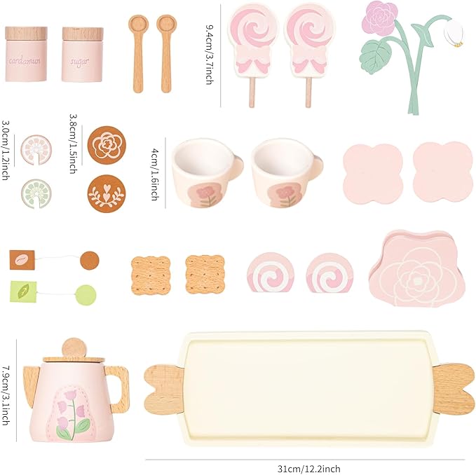 Wooden Tea Set for Little Girls, Pretend Play Tea Party Set Toy with 27 PCS Play Kitchen Accessories, Princess Tea Set Toy, Birthday Gift for Kids 2 3 4 5 Years Old, Improve Imagination