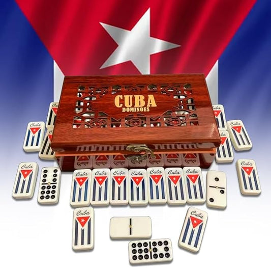 PRK 14 Cuban Double 9 Dominoes Set in Premium Wooden Box – Classic White Tiles with Colored Dots Dominoes in Durable Wooden Storage Case – Traditional Cuban Style for Family & Friends