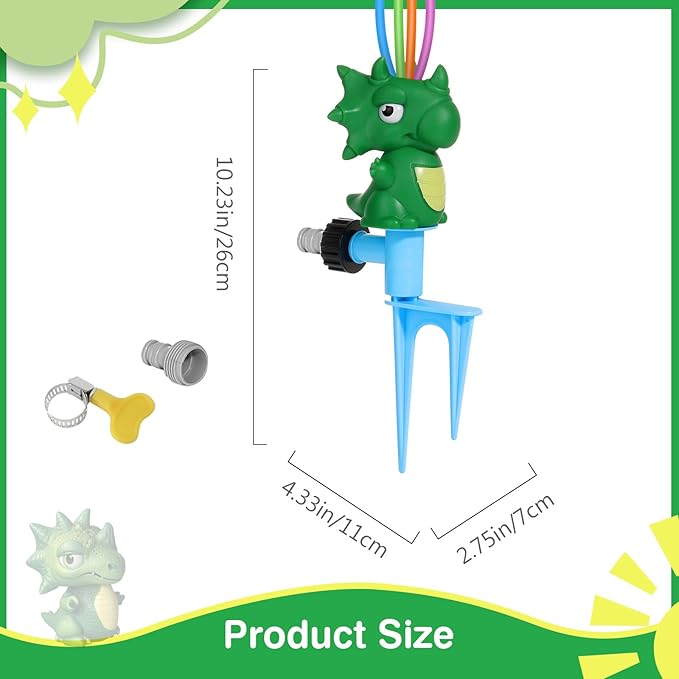 MoKo Water Sprinkler for Kids, Dinosaur Toddler Outdoor Toys with 4 Wiggle Tubes and Hose Clamp, Outdoor Play Toys Spray Up to 8ft, Summer Water Toys Sprinklers for Yard Lawn Garden, 1 Pack, Green