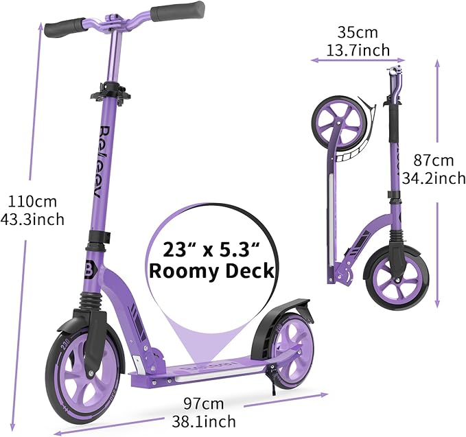 BELEEV V8 Scooters for Kids Ages 6+ with Light-Up Deck, 2 Wheel Folding Scooter for Adults Teens, 4 Adjustable Height, Lightweight Sport Commuter Scooter, Sturdy Frame, Max Load 220 lbs