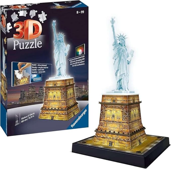 Ravensburger Statue of Liberty Night Edition - 108 Piece 3D Jigsaw Puzzle for Kids and Adults | Precision Fit with Easy Click Technology | Durable Display Piece | Over a Century of Quality