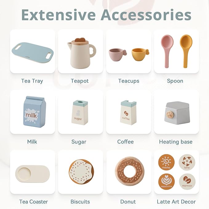 Wooden Tea Set for Little Girls and Boys | 18 PCS Kids Coffee & Tea Set for Toddlers | Pretend Play Toy with Silicone Accessories - Ideal Gift