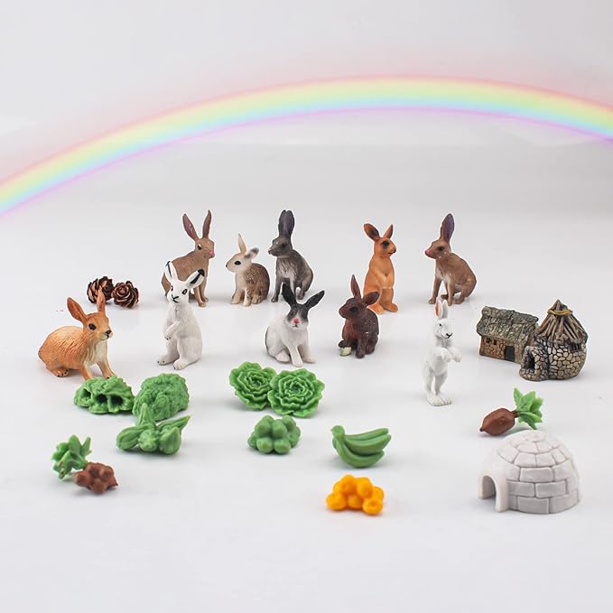 Mini Rabbit Action Figures with Holes Toys Set 21PCS for Toddlers Rabbits Toys Cake Toppers Bunny Figurines Gifts for Kids Boys and Girls Doll House Accessories