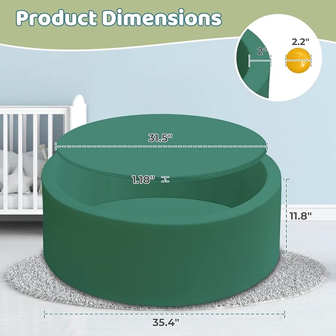 Baby Ball Pit 35.4" Soft Round Memory Foam Ball Pits NOT Included Balls Indoor Outdoor Playpen for Babies Toddlers Kids Great Gift for Girls Boys, Dark Green