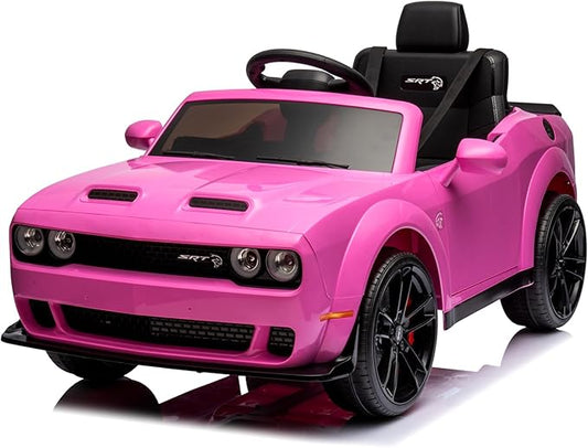 Kids Electric Car | Licensed Dodge Challenger Ride-On 12V Battery-Powered Vehicle with Remote, LED Lights, Bluetooth, MP3 for Boys and Girls, Pink