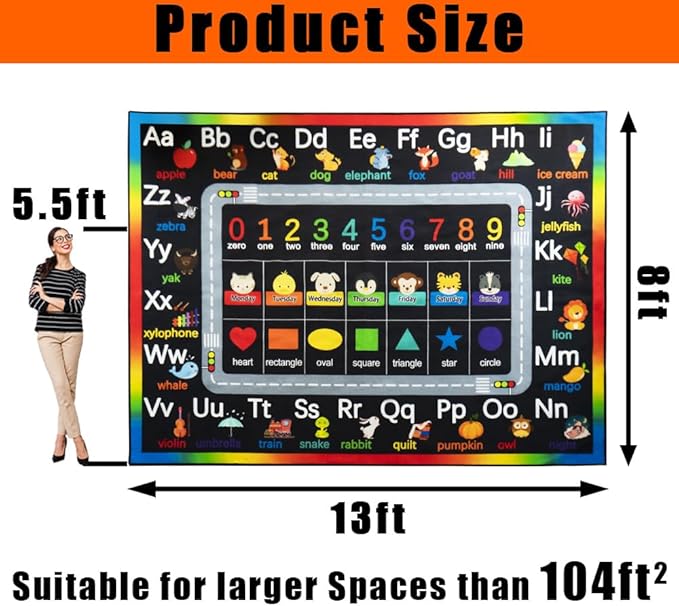 Classroom Rugs for Preschool, Daycare Rug for Classroom,Large Classroom Rug Elementary,Learning Alphabet Educational Rugs for Kids Playroom, Nursery(13'x7'7'', Black)