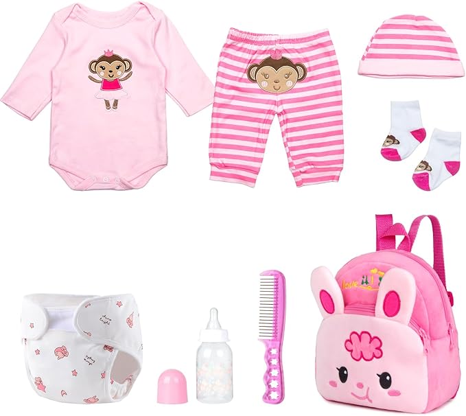 8 Pieces Reborn Doll Clothes Pink Accessories Set with Backpack for 17-22 inch Reborn Baby Doll Girl Clothing Kids Caring Set