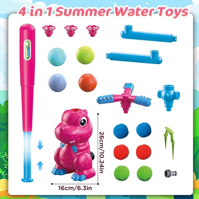 4-in-1 Dinosaur Water Sprinkler Baseball Toys, 360° Roating Spray Water Play Game, Water Splashing Toy for Kids Outdoor, Summer Backyard Lawn Pool Party Fun for Boys Girls (Pink)