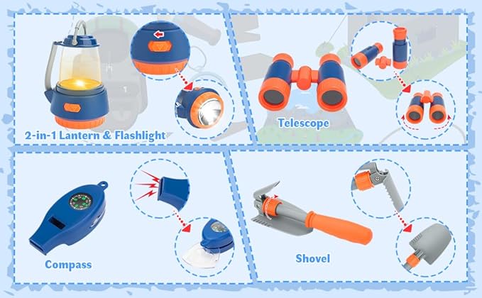 deAO Kids Camping Toys Set with Pop Up Play Tent,32 PCS Outdoor Pretend Camping Toys with Light & Spray for Kids Boys Girls Age 3 4 5 6, Gift for Kids