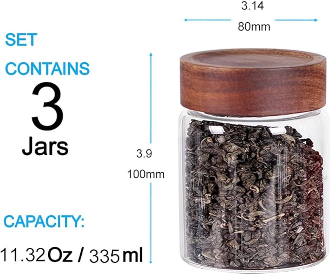 SAIOOL 3 Packs Glass Food Storage Jars with Screw Airtight Seal Acacia Wood Lids,Spice Jars with Lids, Organization for Jars Bottles Containers Travel Gear, Sugar, Salt,Coffee, cookies,spices