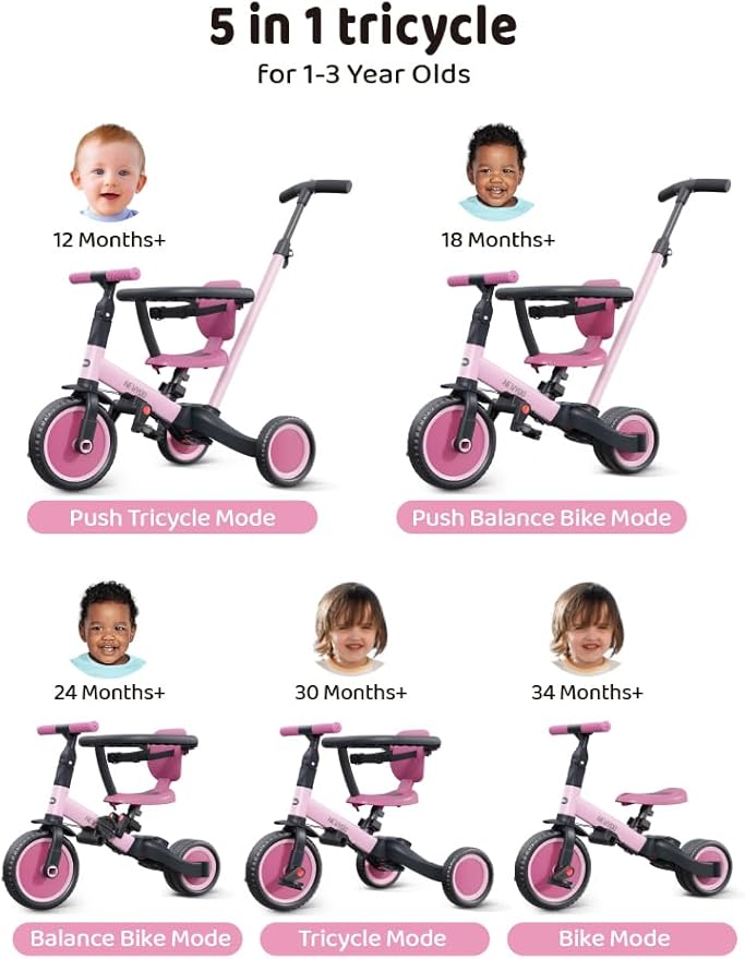newyoo Tricycle for Toddlers 1-3, Toddler Bike, 5 in 1 Trike with Push Handle, Christmas and Birthday Gift and Toy for Girls, Convert to Baby Balance Bike, Pink, TR008