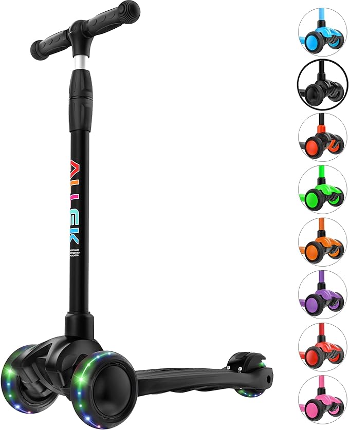 Allek Kick Scooter B03, Lean 'N Glide 3-Wheeled Push Scooter with Extra Wide PU Light-Up Wheels, Any Height Adjustable Handlebar and Strong Thick Deck for Children from 3-12yrs (Black)