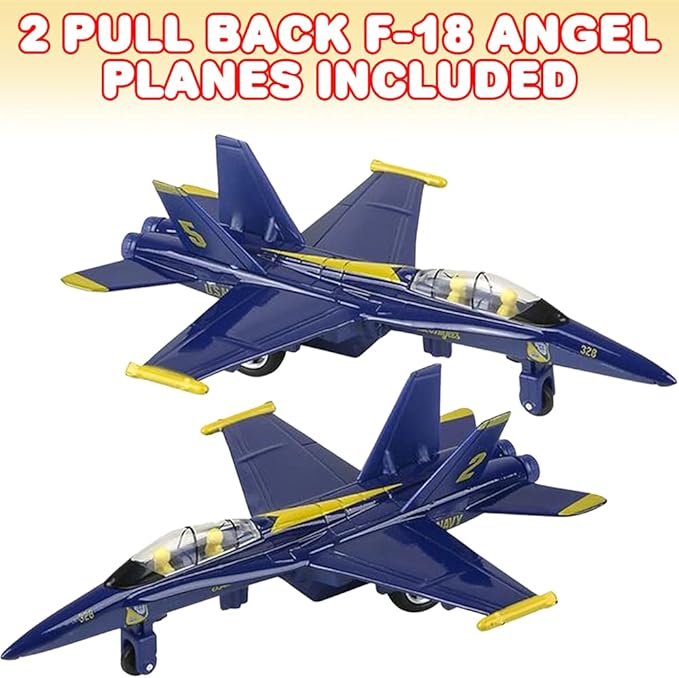 ArtCreativity Diecast F-18 Blue Angel Jets with Pullback Mechanism, 2 pcs, 6.75 inches Diecast Metal Jet Plane Fighter Toys for Boys, Air Force Military Cake Decorations, Aviation Party Favors