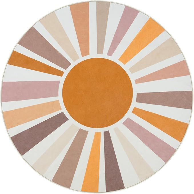 STARUIA Boho Sun Round Washable 6Ft Area Rug for Living Room, Soft Non-Slip Boho Rainbow Kids Nursery Orange Throw Rug Carpet for Bedroom, Circle Colorful Kitchen Rug for Classroom Office Dining Room