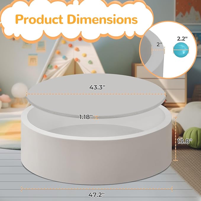 Baby Ball Pit 47.2" Soft Round Memory Foam Ball Pits NOT Included Balls Indoor Outdoor Playpen for Babies Toddlers Kids Great Gift for Girls Boys, Gray