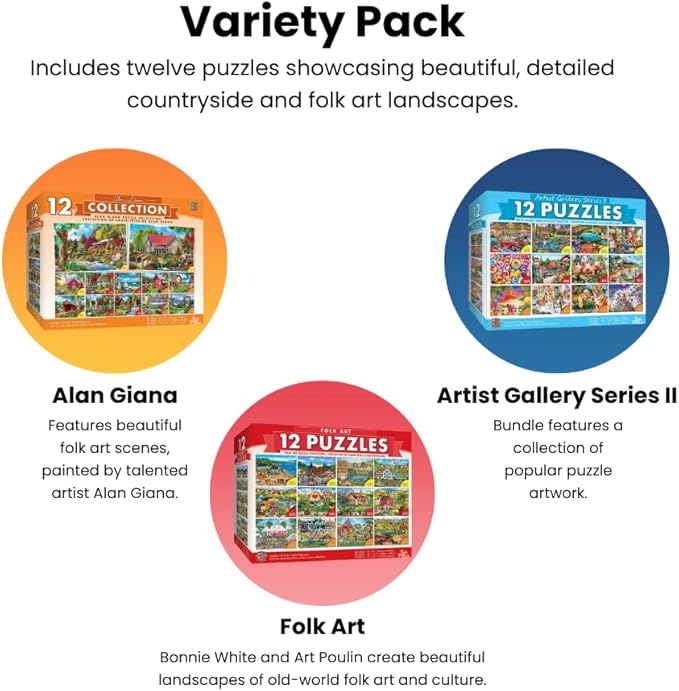 MasterPieces 12 Pack Jigsaw Puzzles for Adults, Family, Or Kids - Artist Gallery 12-Pack Bundle - 500, 300, and 100 Piece Puzzles