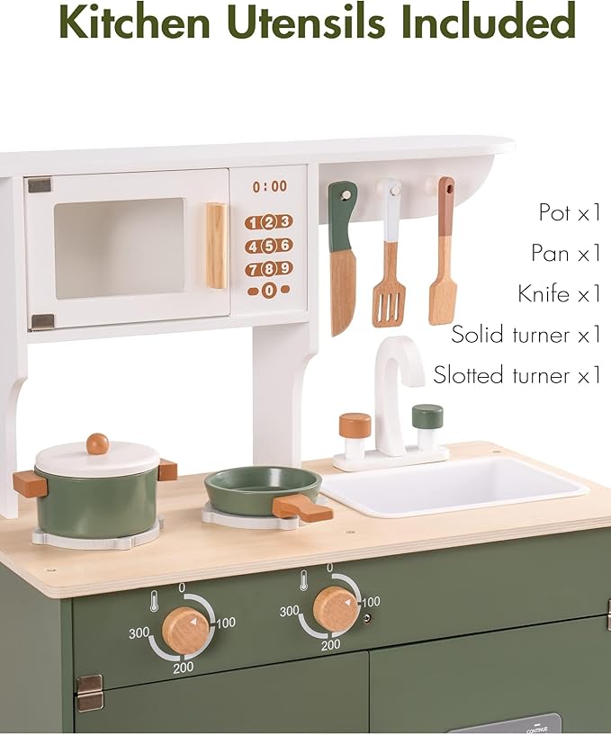 ROBUD Play Kitchen, Kids Kitchen Playset with Pretend Ice Cube Dispenser for Kids Aged 3+, Wooden Toy Kitchen of Birthday Gift to Kids, Vintage Green