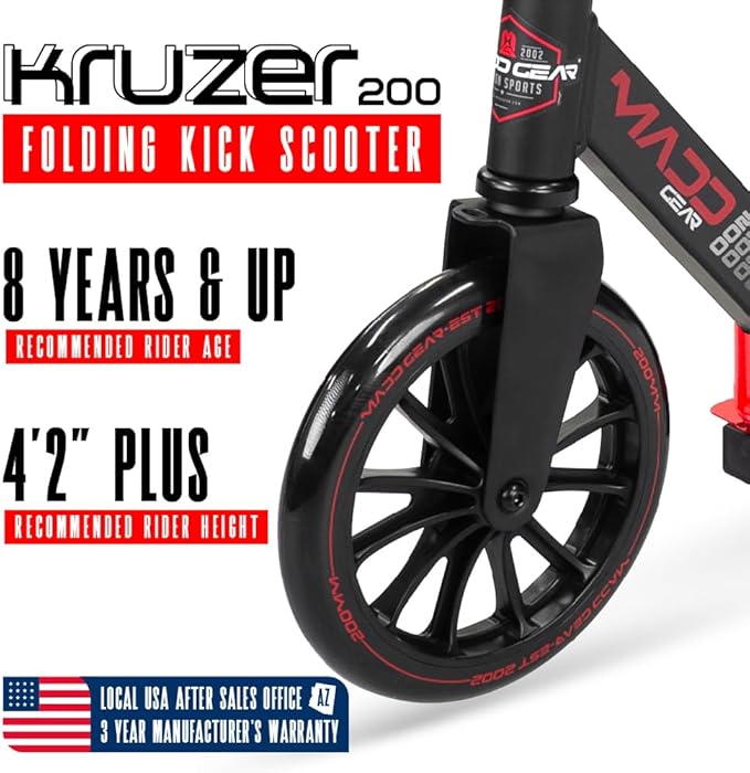 Large Folding Kick Scooter for Adults and Teens – Adjustable Handlebar – Big 200mm Wheels – Lightweight Durable Folding Frame – 220lbs Capacity – Madd Gear Scoot 200