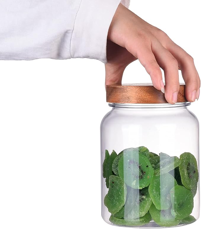 42 Fluid Ounces Unbreakable & Dishwasher Safe Plastic Apothecary Jar with Wooden Airtight Screw Top Lid, Food Storage Canister for Sugar, Tea, Spices, Coffee, Cookie, Candy Containers