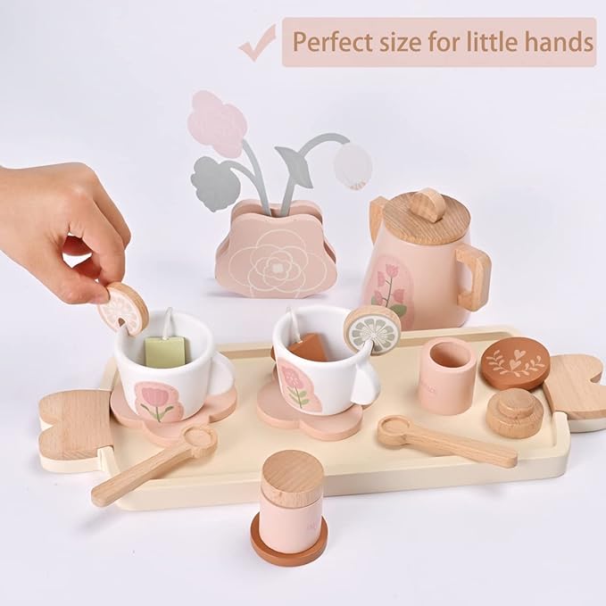 Wooden Tea Set for Little Girls, Wooden Toys, Toddler Tea Set Toy, Play Kitchen Accessories Set, Montessori Toys, Kids Play Kitchen Pretend Playset Toys for Baby Tea Party with Play Food