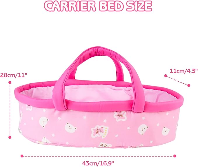Aori 10 Pcs Reborn Baby Dolls Clothes Set with Pink Bassinet for 16-18 Inch Baby Doll, Carrier Bed and Baby Doll Clothes Outfit Accessories fit Newborn Baby Girl